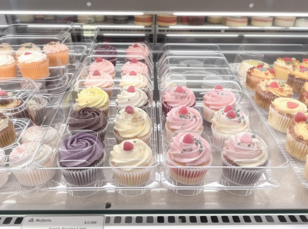Clear plastic PET bakery containers showing decorated cupcakes and delicate pastries