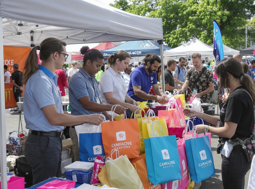 Promotional campaign team distributing custom branded bags at marketing event