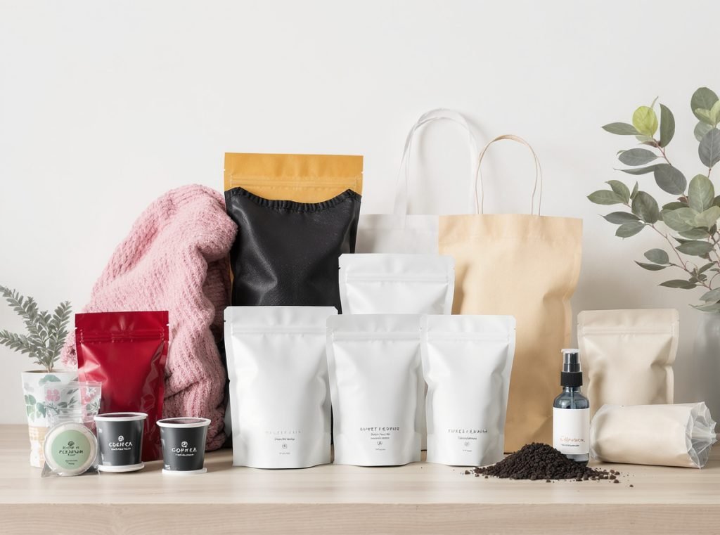 Industries using compostable flexible packaging including coffee food fashion and e-commerce sectors
