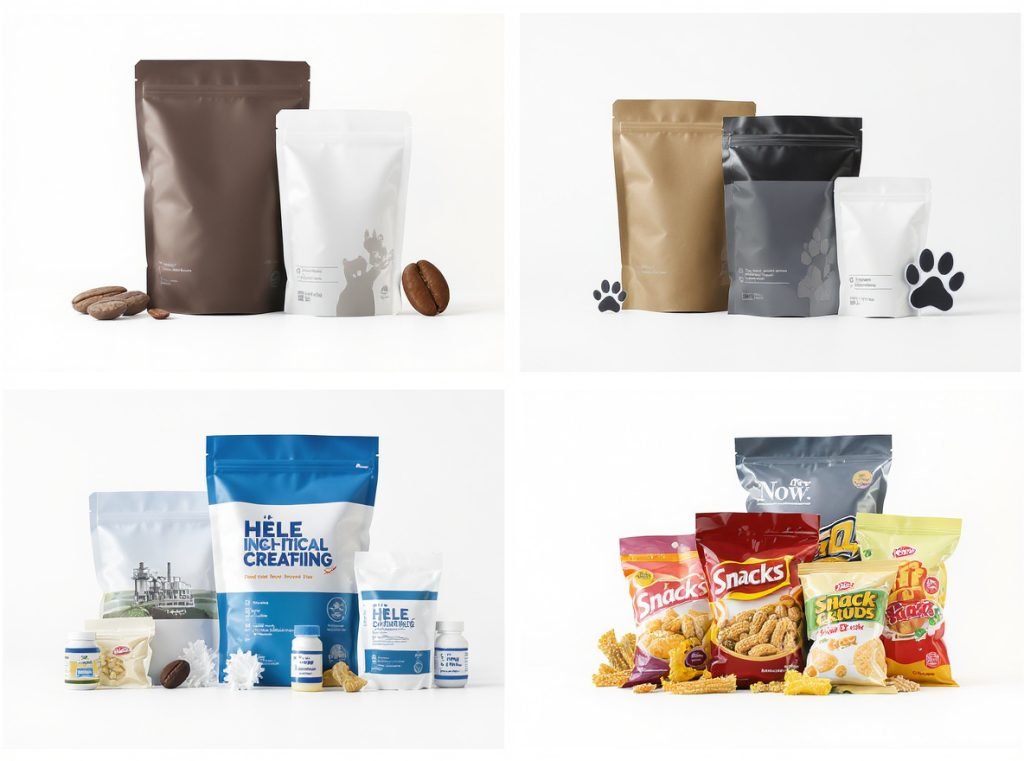 Gusseted pouches across multiple industries including coffee pet food chemical and snack food packaging