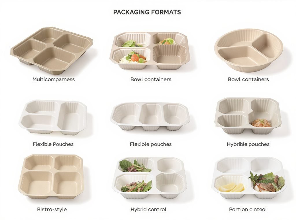 Different packaging formats for ready-to-eat meals including trays, bowls, and flexible pouches