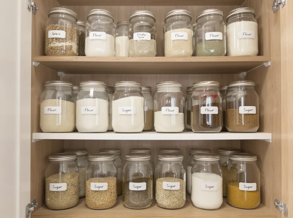 Glass jars used for long-term food storage in organized pantry