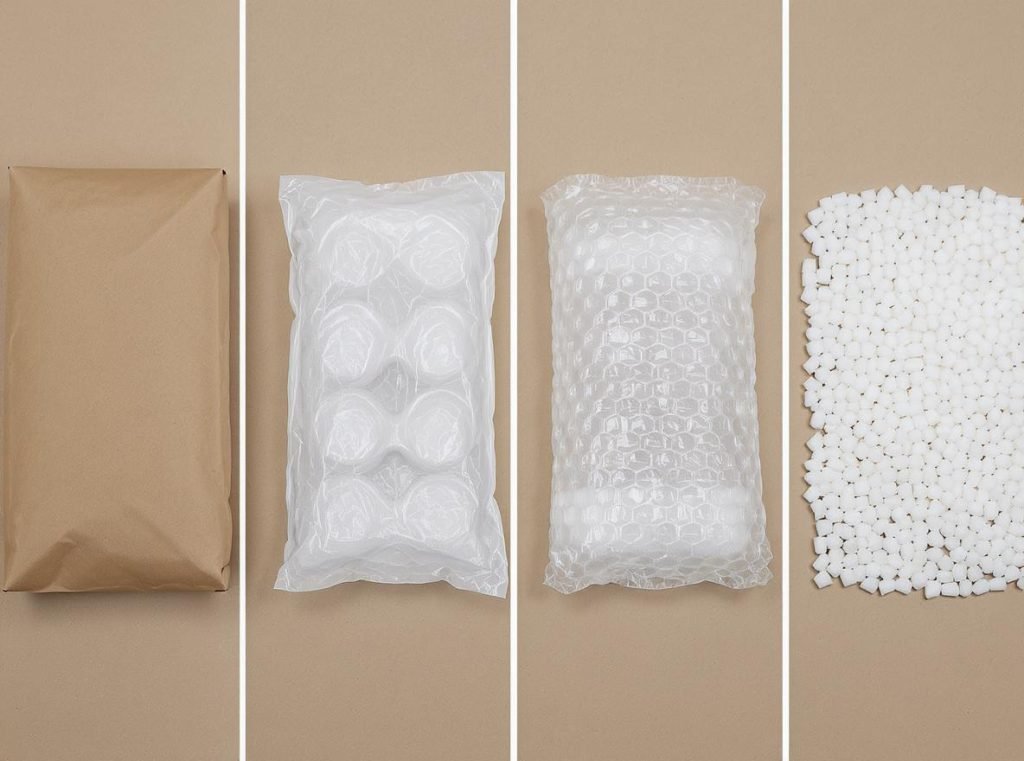 Side-by-side comparison of different void fill materials including paper, air pillows, bubble wrap, and foam