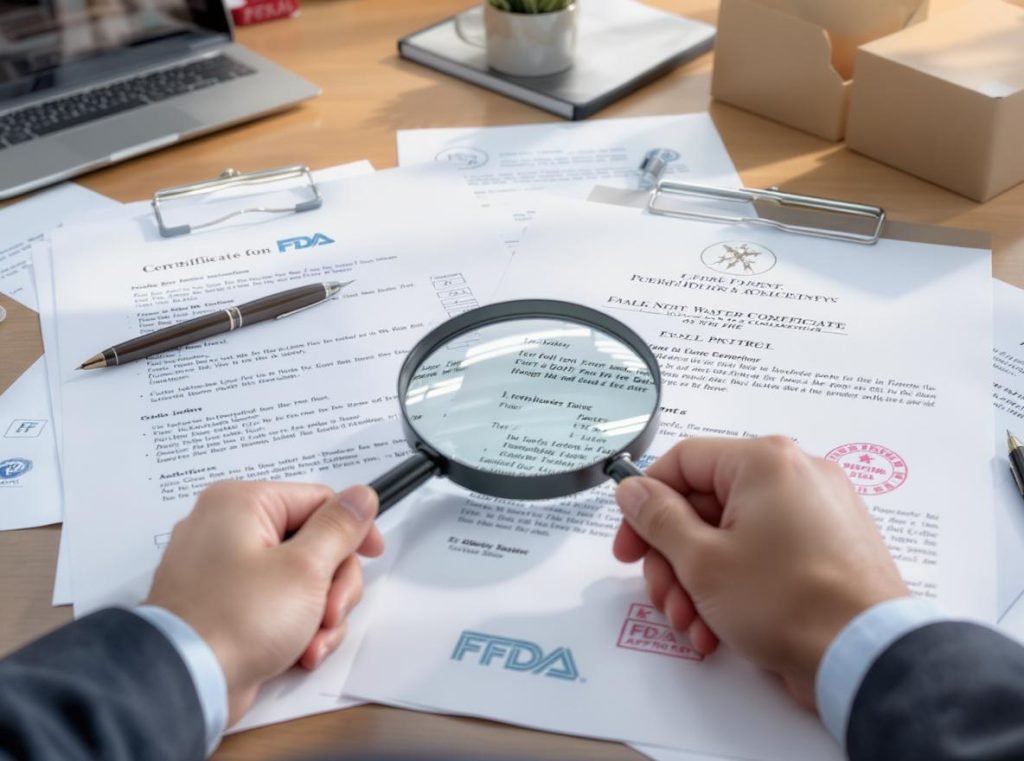 Business professional identifying food-safe packaging through compliance documentation