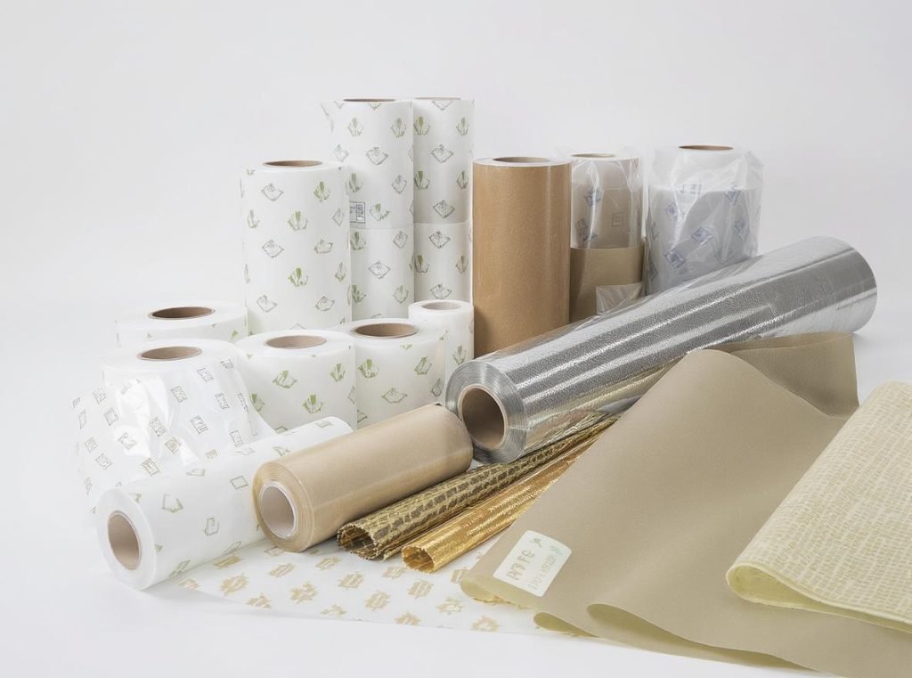 Different flow wrap packaging materials including polyethylene polypropylene and specialized films