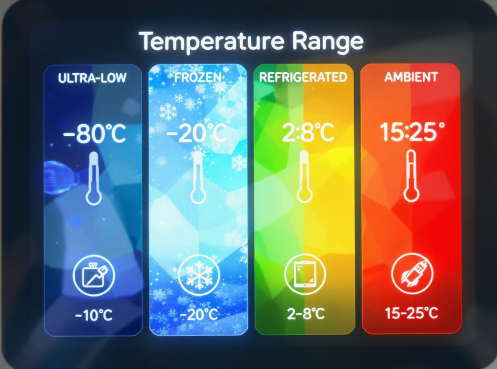 Temperature ranges for insulated pouches - ultra-low, frozen, refrigerated, and ambient options