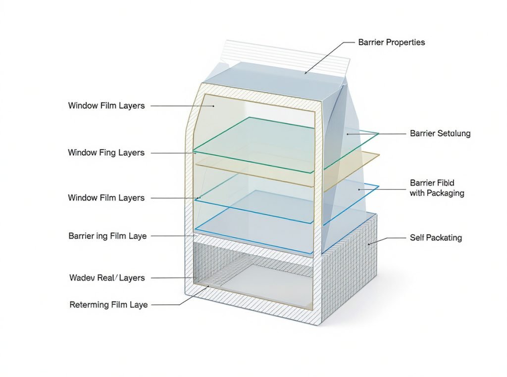 Technical cross-section diagram of food package window construction and materials