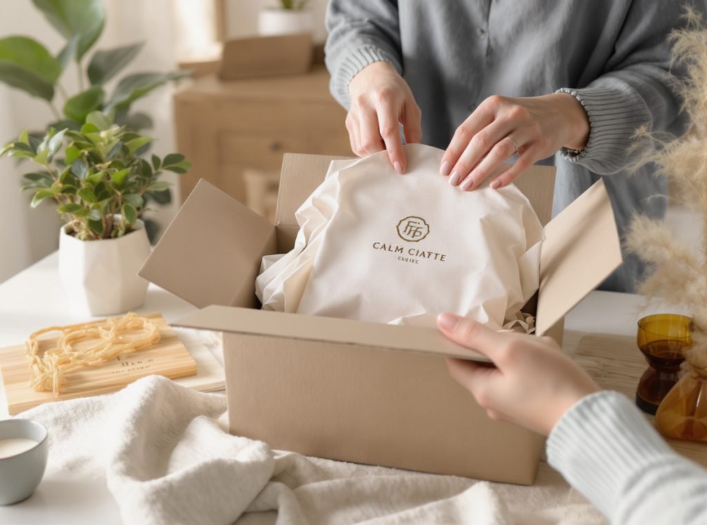 E-commerce customer unboxing products from custom branded shipping bag
