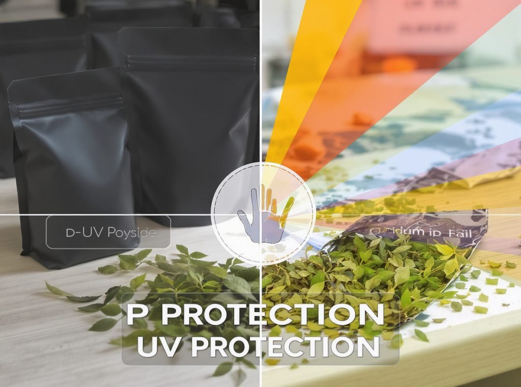 UV light protection for tea packaging using opaque materials and barrier films