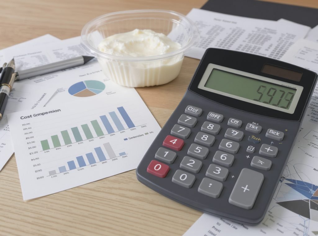 Dairy packaging cost analysis showing investment considerations and ROI calculations for manufacturers