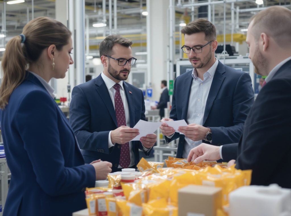 Business professionals evaluating retort pouch quality during supplier selection process