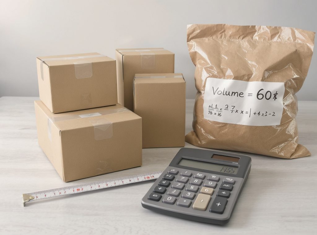 Measuring boxes and calculating crinkle paper quantities needed for different package sizes