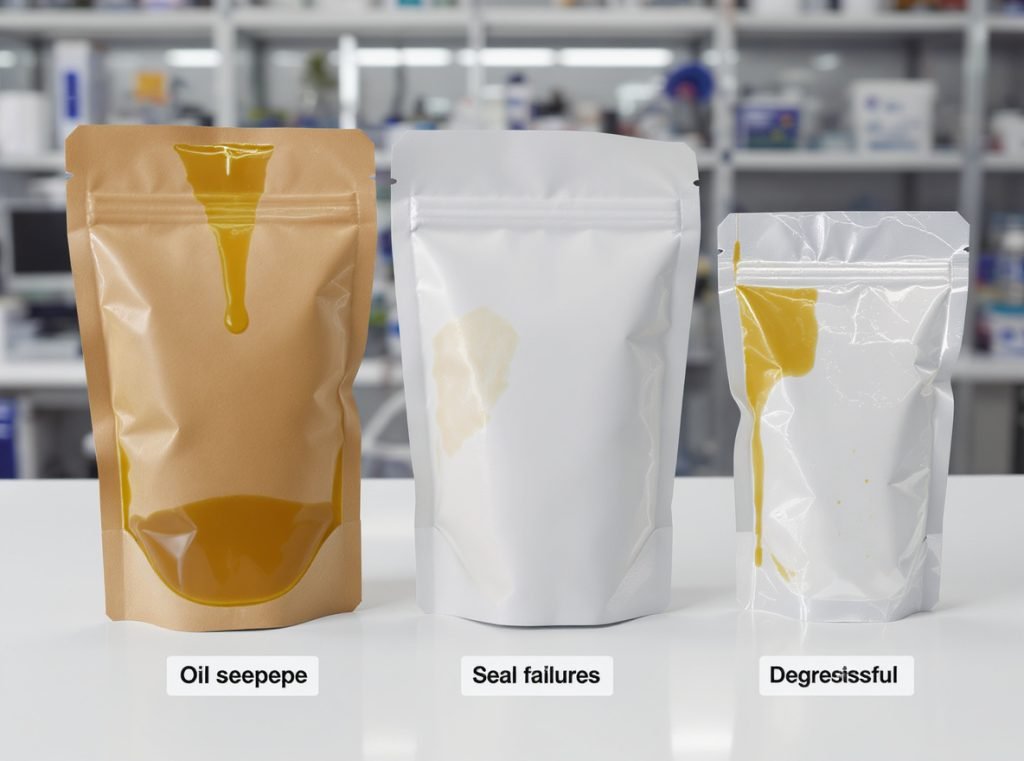 Common oil packaging failures including seepage, seal problems, and material degradation
