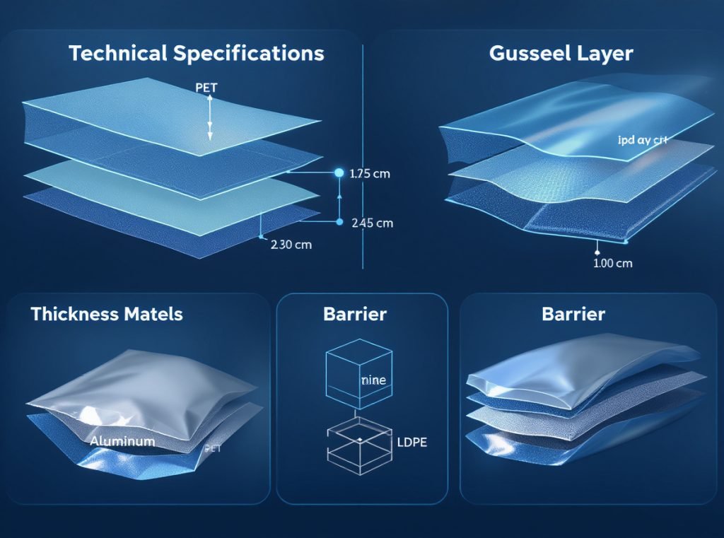 Retail shelf display showing gusseted pouches with superior shelf presence and consumer shopping interaction