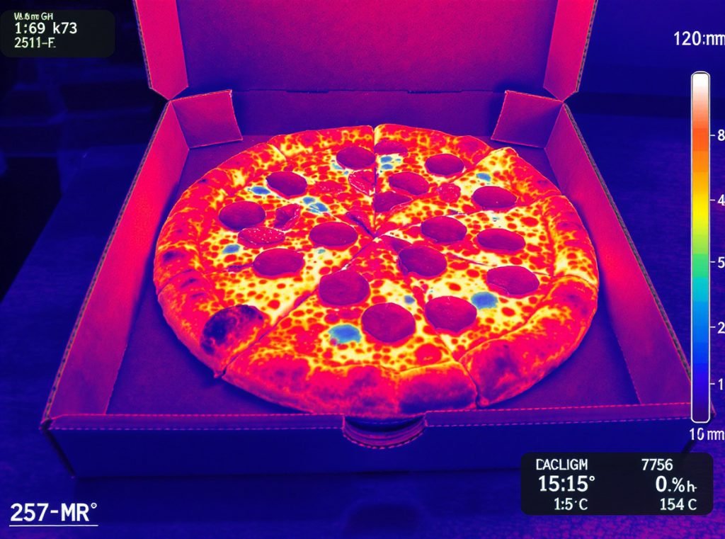 Thermal imaging showing pizza box heat retention and insulation performance