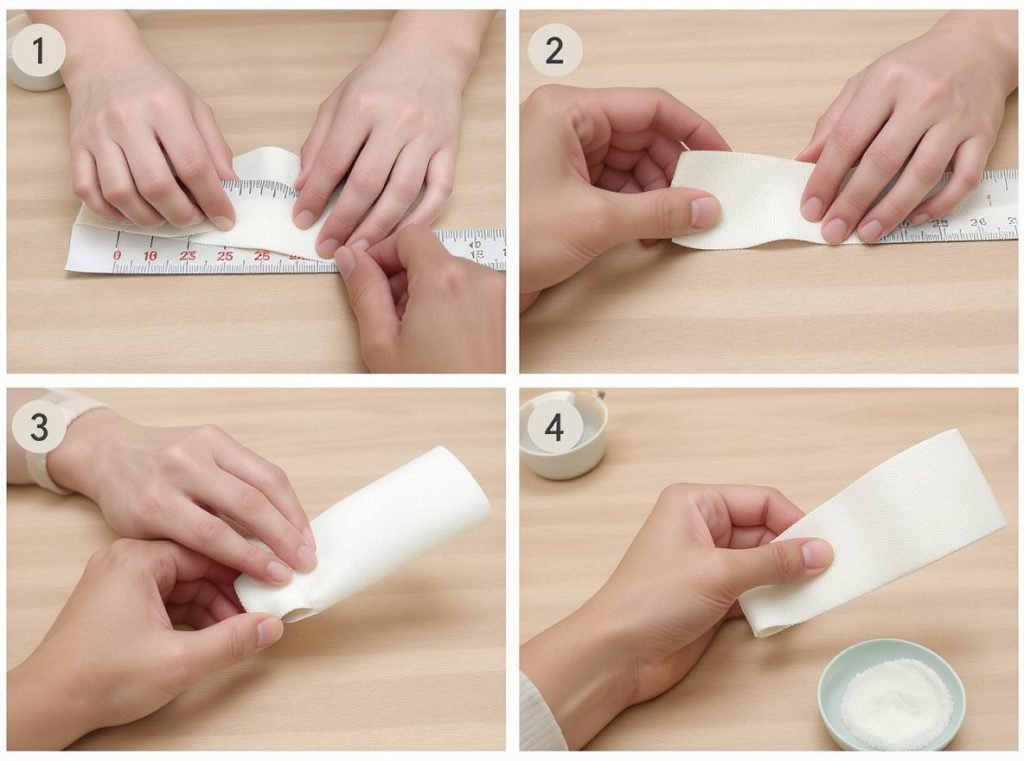 Step by step belly band application process showing measuring wrapping securing adhesive steps
