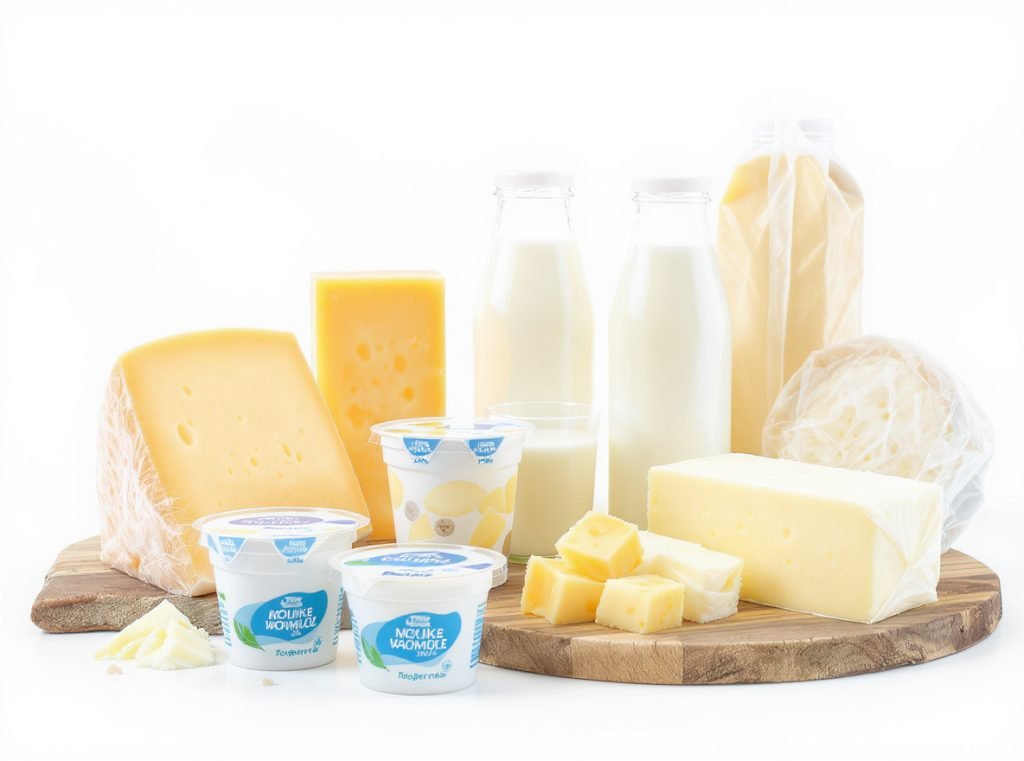 Different dairy products showing specialized packaging requirements for cheese, yogurt, milk and butter
