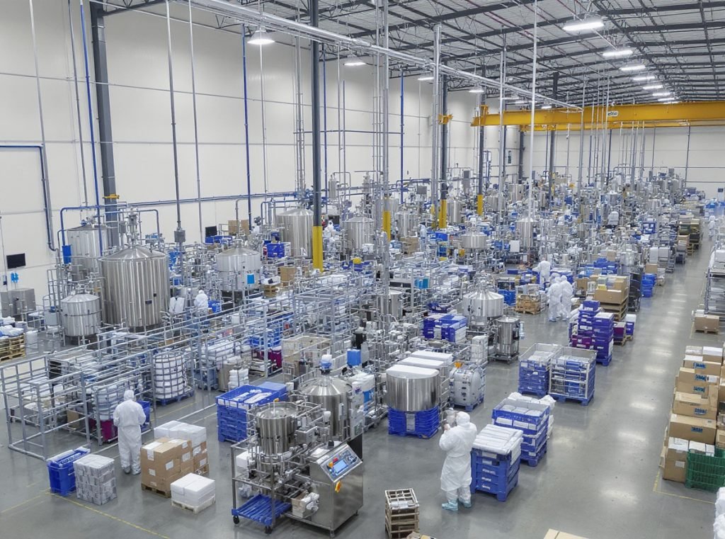 Modern retort pouch manufacturing facility with quality control and production overview