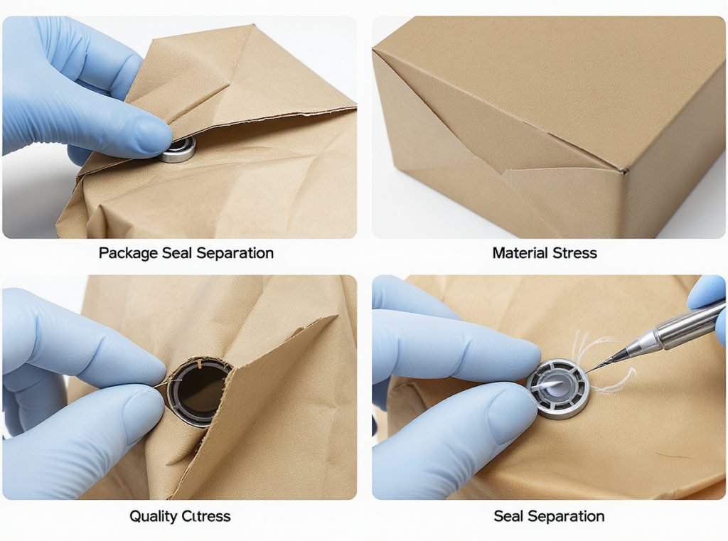 Common food packaging failure points including seal separation and material stress analysis