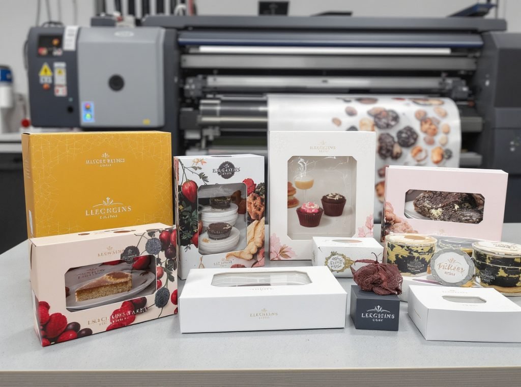 Custom printed bakery boxes with various branding designs and printing capabilities