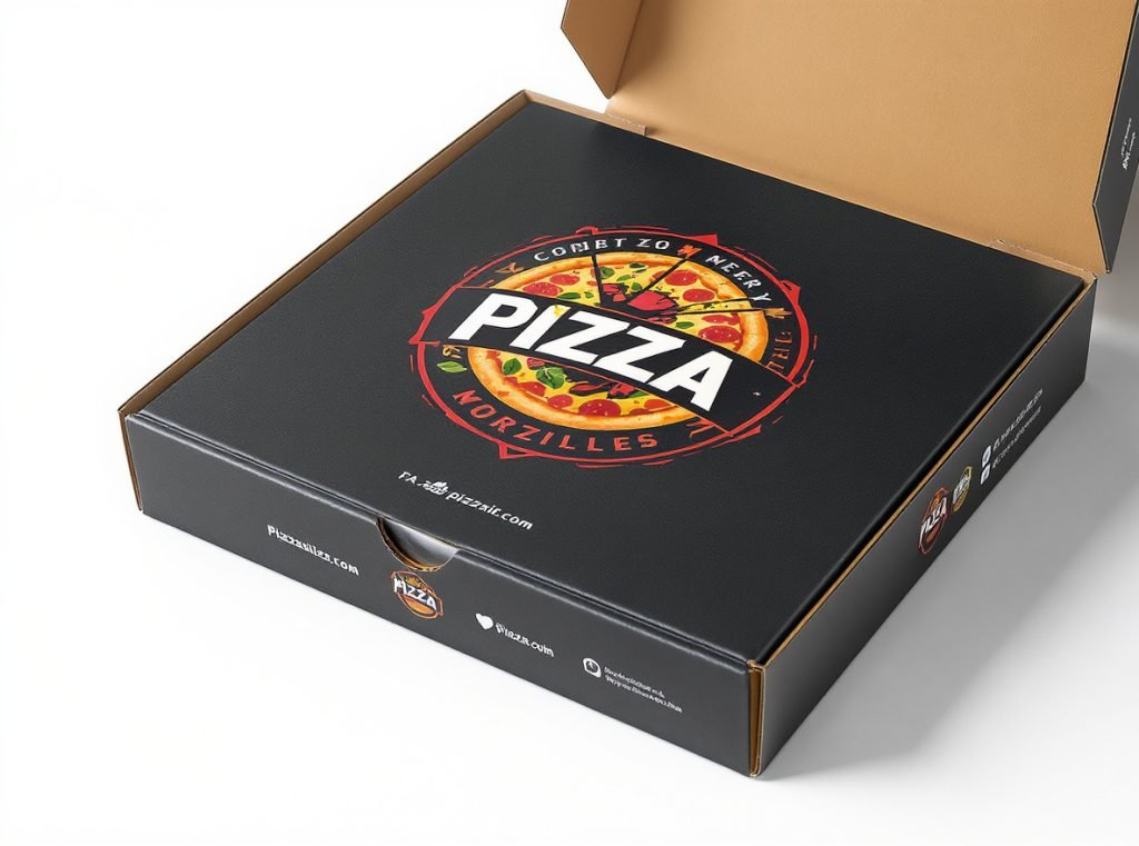 Custom branded pizza box showing logo placement and marketing opportunities