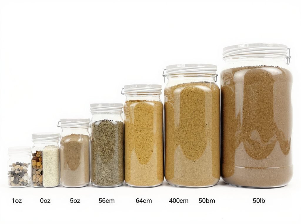 Different spice packaging sizes for retail, foodservice, and wholesale markets