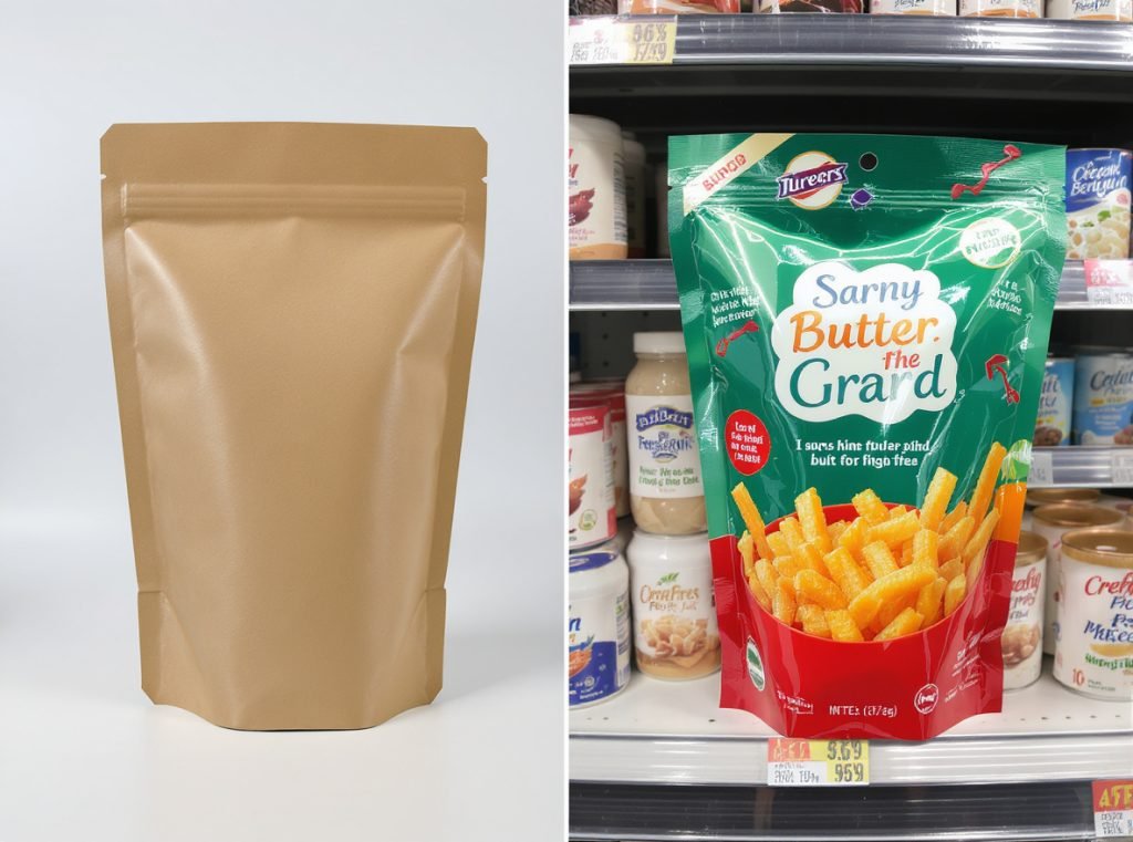 Custom branded flow wrap packaging versus generic packages showing branding impact on shelf appeal