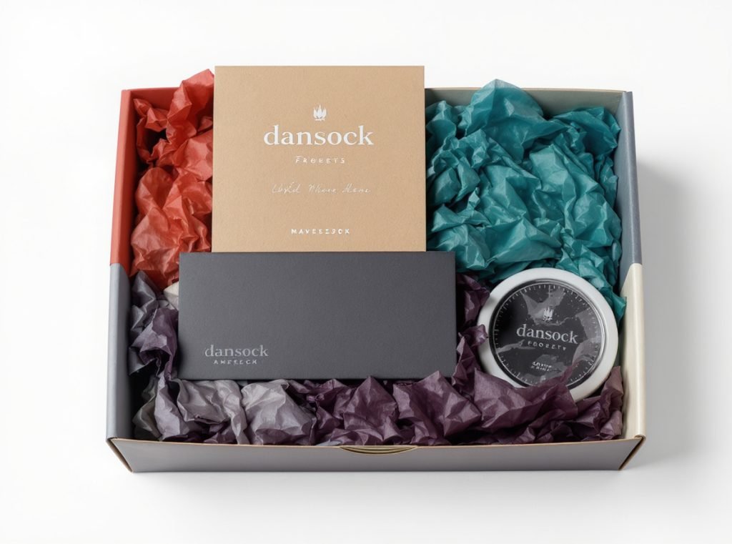 Custom branded packaging boxes with coordinated crinkle paper colors for enhanced brand presentation