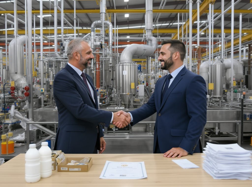 Dairy packaging partnership meeting showing manufacturer and supplier collaboration for custom solutions