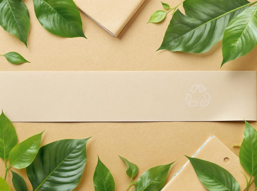 Eco-friendly paper belly bands with recycling symbols green leaves sustainable packaging materials