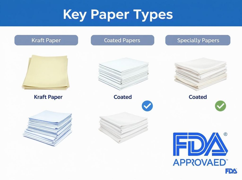 Summary infographic of FDA approved paper materials for direct food contact