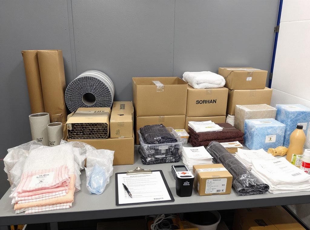 Complete void fill packaging workflow showing organized materials and successful shipping