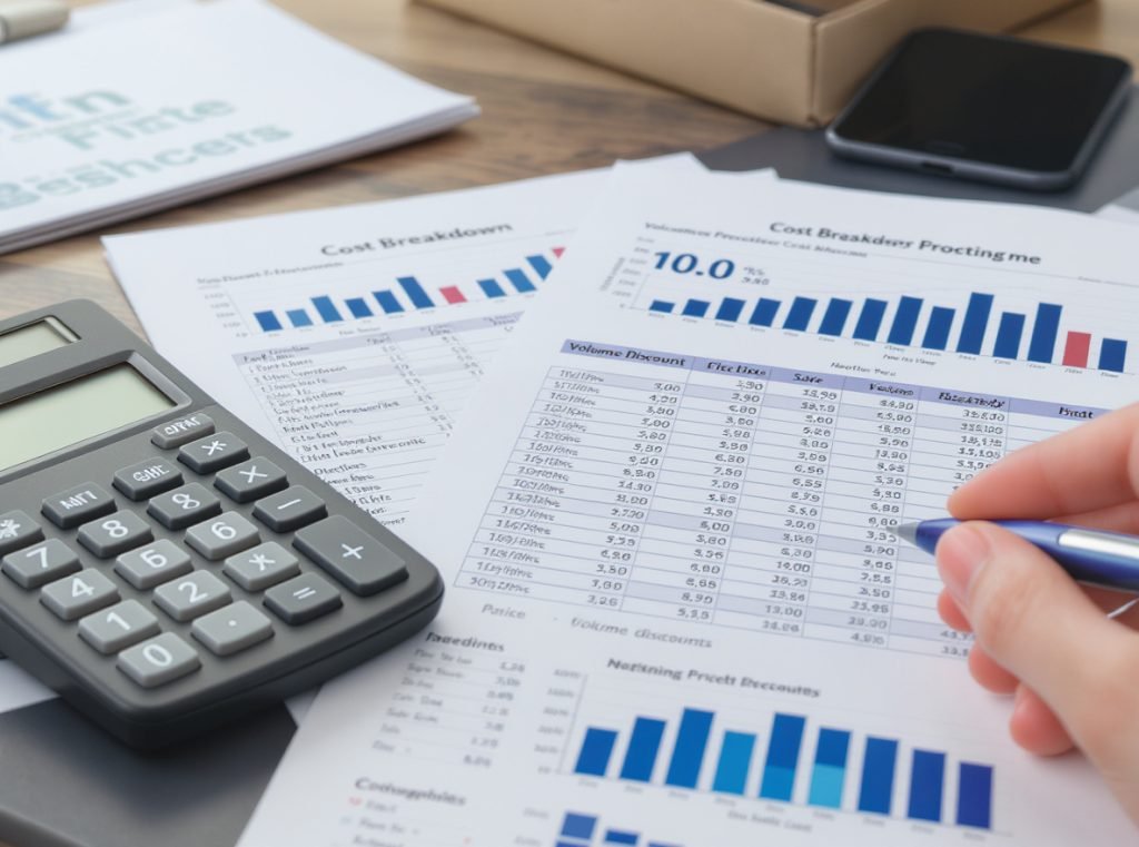 Cost analysis spreadsheet showing pizza box pricing and volume discount calculations