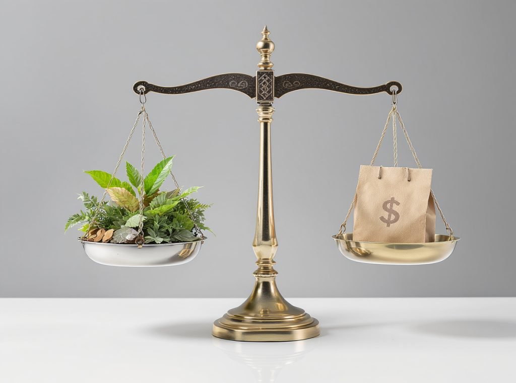 Balance scales showing packaging decision factors for crinkle-cut paper filler selection