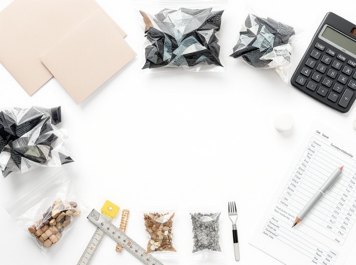 Professional pouch size selection guide showing various packaging sizes and measuring tools for optimal product volume matching