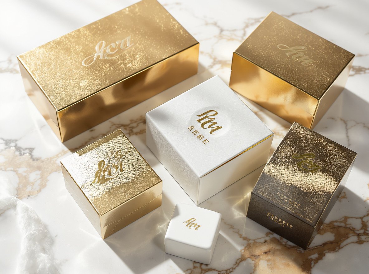 Luxury cosmetic boxes with gold foil stamping and embossing effects on marble surface