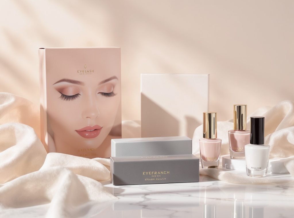Elegant eyelash and nail product packaging display showing luxury beauty boxes and bottles on marble surface