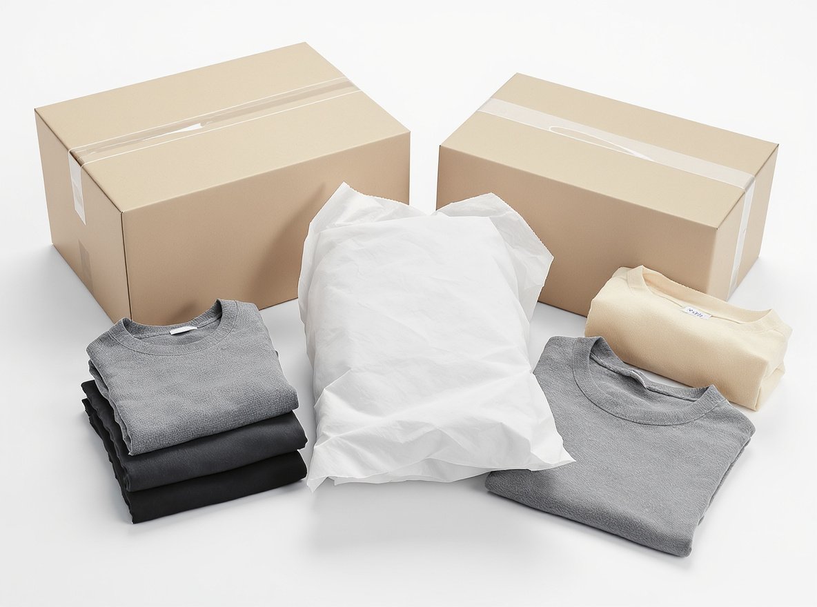 Professional clothing packaging setup with tissue paper and corrugated boxes for wrinkle-free e-commerce shipping