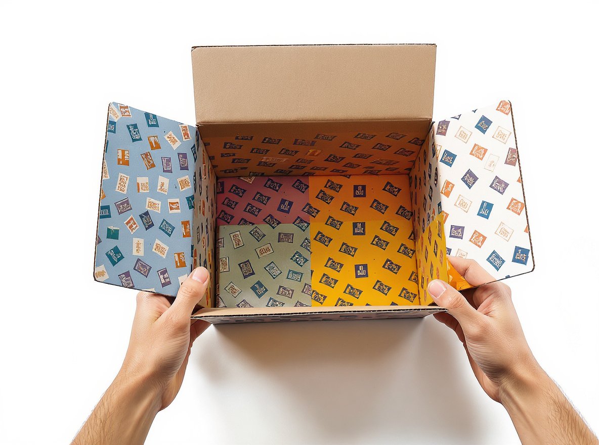 Internal printing packaging design showing colorful branded interior of opened e-commerce shipping box