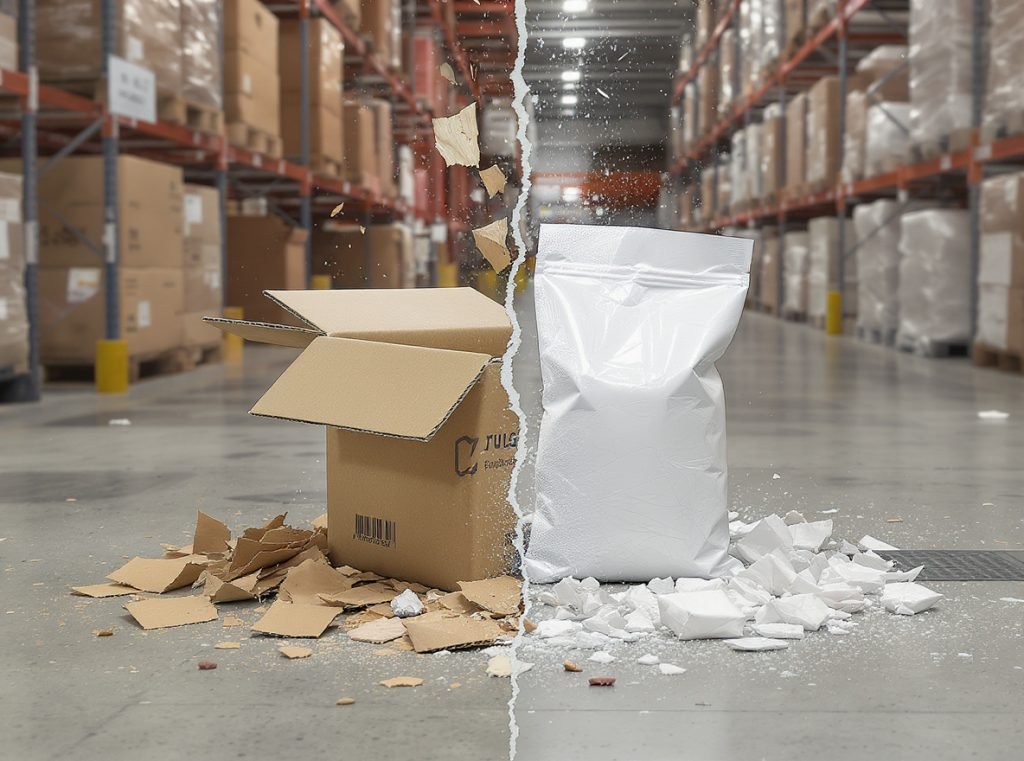 E-commerce packaging damage comparison showing broken vs protected products