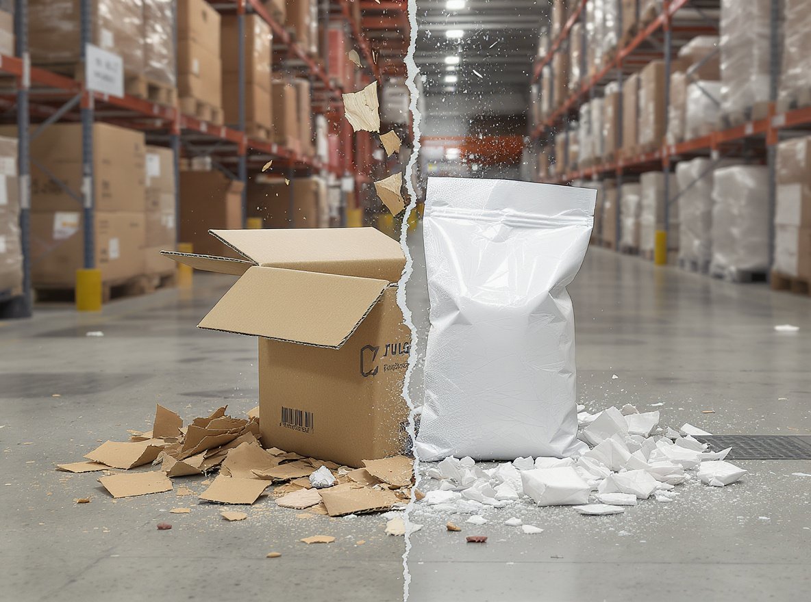 E-commerce packaging damage comparison showing broken vs protected products