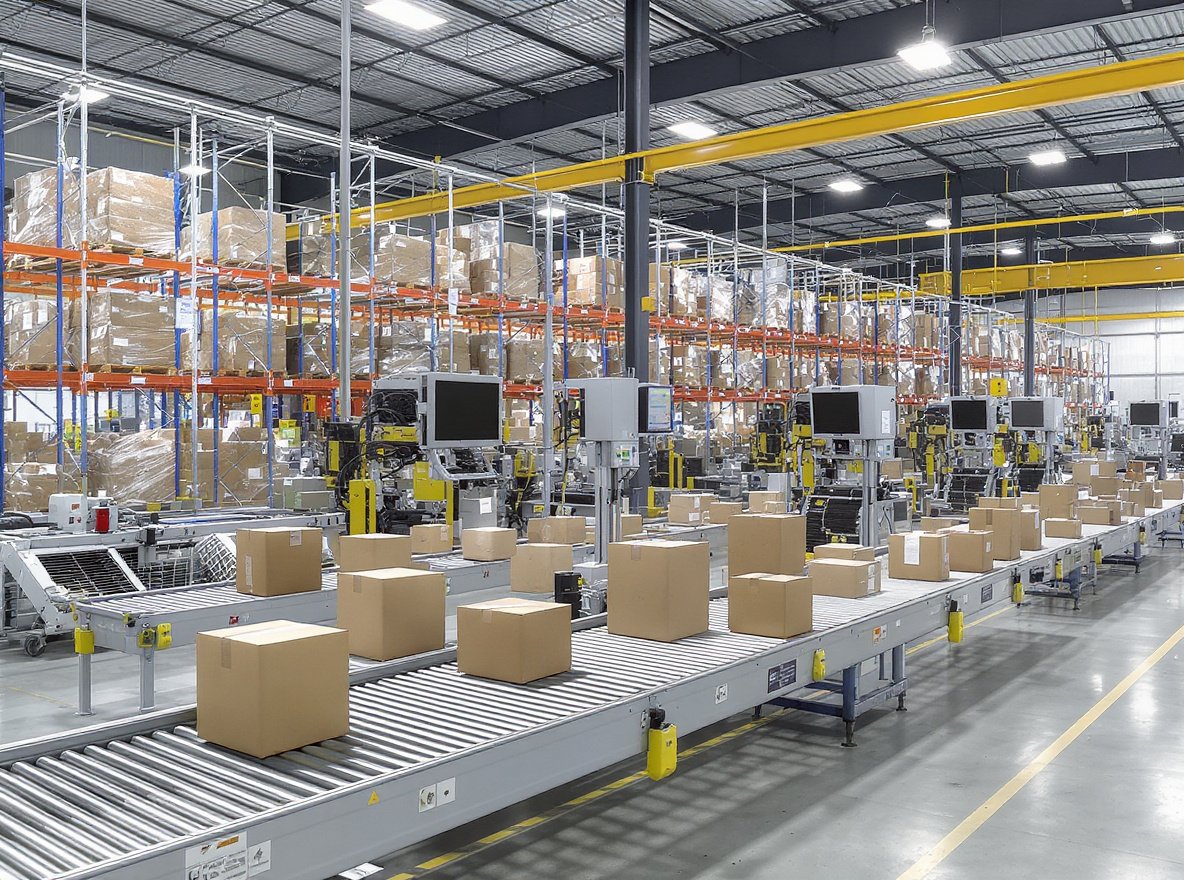 Automated e-commerce warehouse with dimensional weight optimization systems and custom packaging solutions
