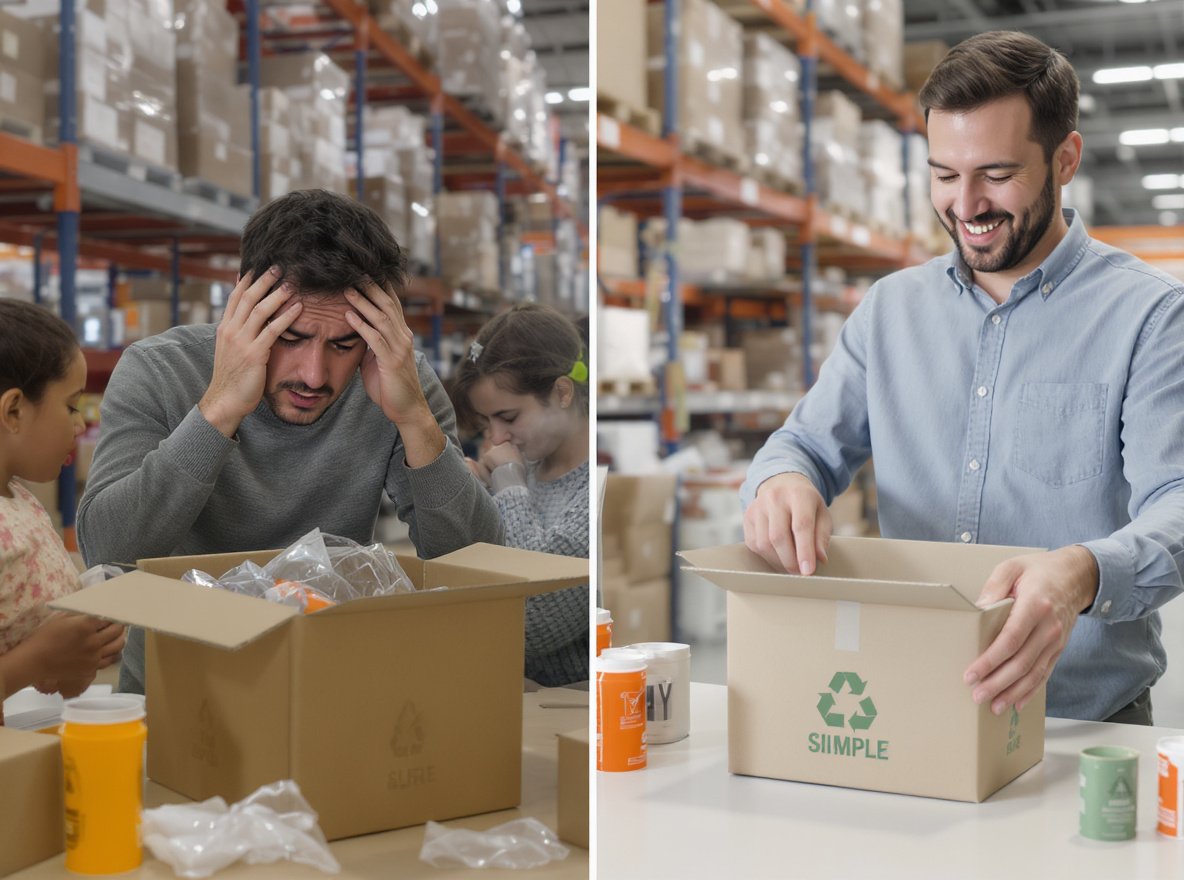 Comparison of traditional packaging versus frustration-free packaging showing customer satisfaction difference