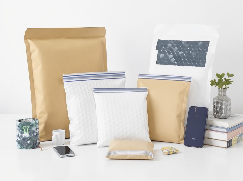 Various padded mailers and bubble envelopes for e-commerce shipping displayed with sample products