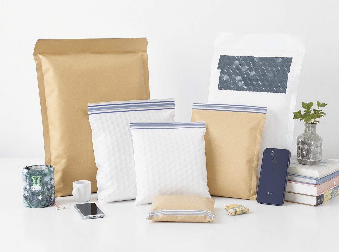 Various padded mailers and bubble envelopes for e-commerce shipping displayed with sample products
