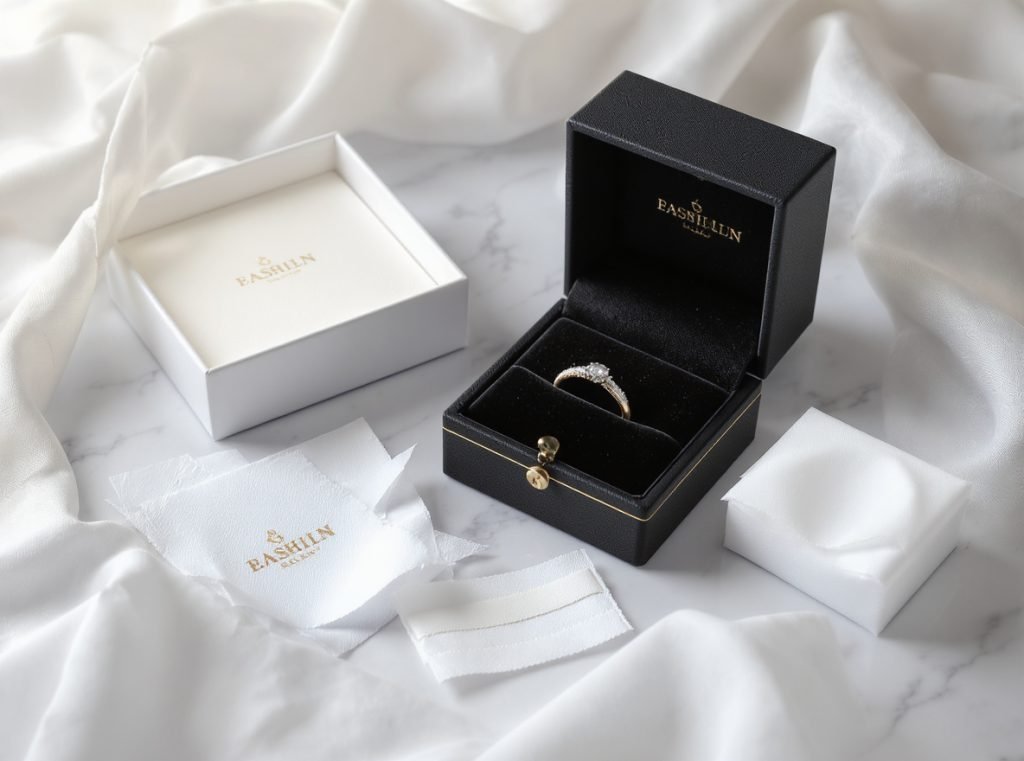 Professional jewelry packaging materials with velvet box, ring, anti-tarnish protection, and cushioning supplies