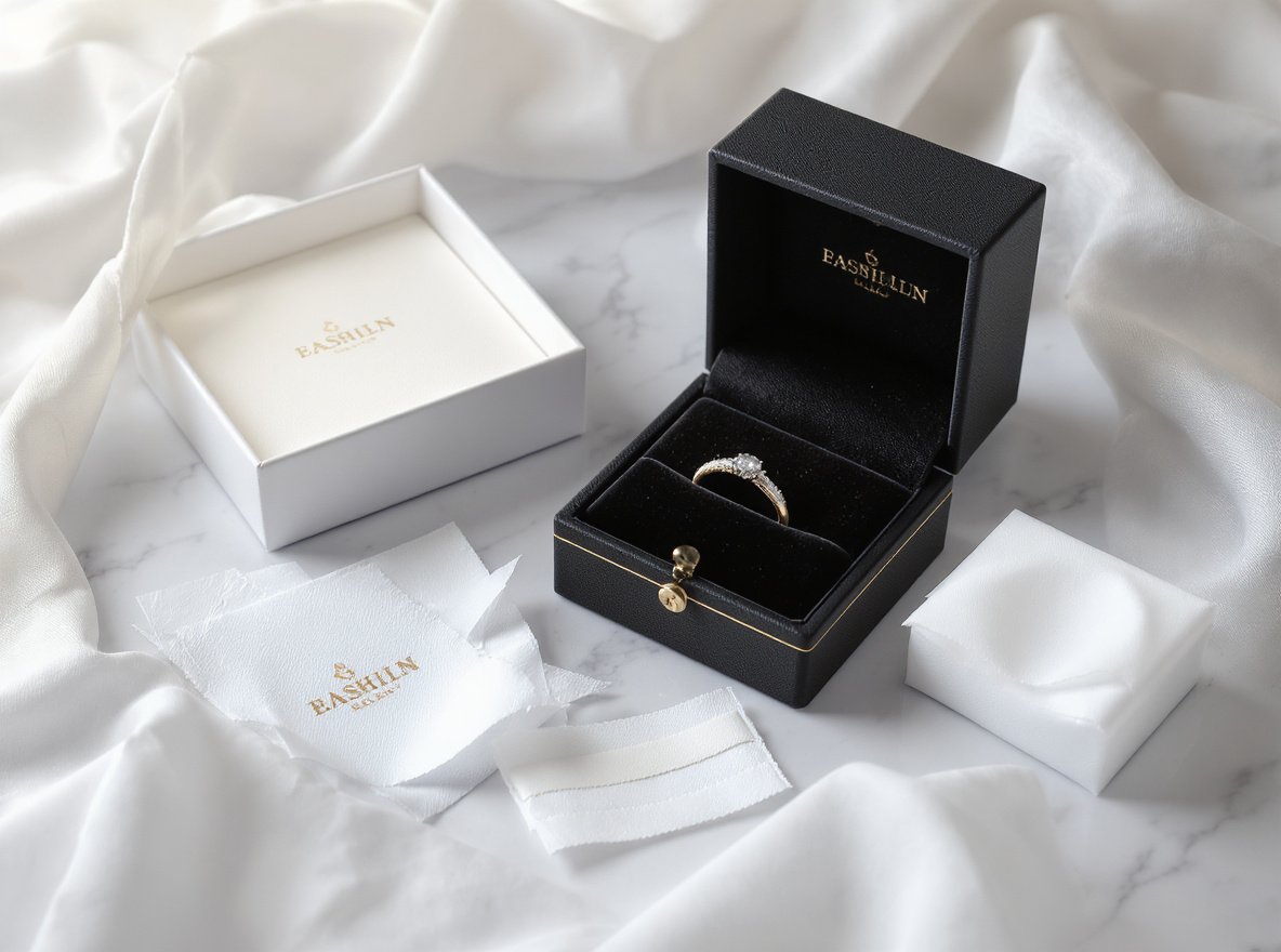Professional jewelry packaging materials with velvet box, ring, anti-tarnish protection, and cushioning supplies