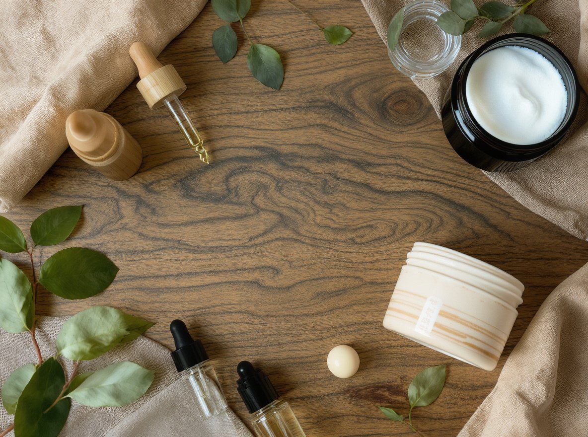 Sustainable eco-friendly cosmetic packaging materials including glass bottles bamboo containers recycled plastic jars