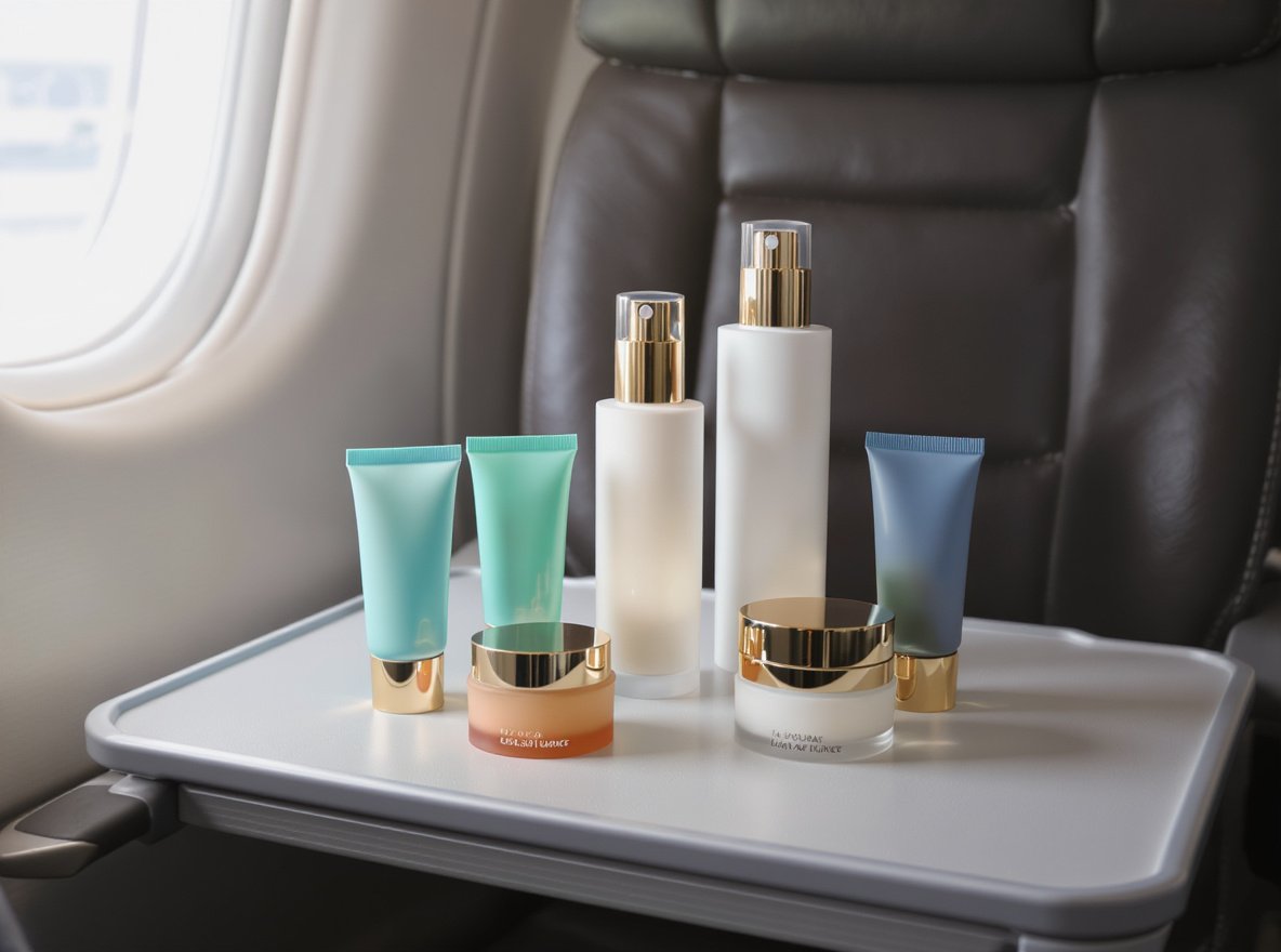 Leak-proof cosmetic packaging containers arranged on airplane tray table demonstrating air travel compatibility