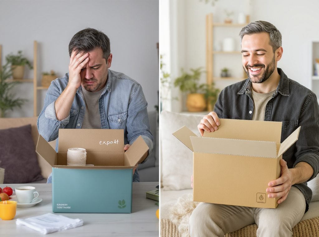Customer-centric packaging comparison showing frustration vs satisfaction with different box designs